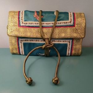 Vintage Brocade Green Silk Hand Embroidered Jewelry Roll - Brand New